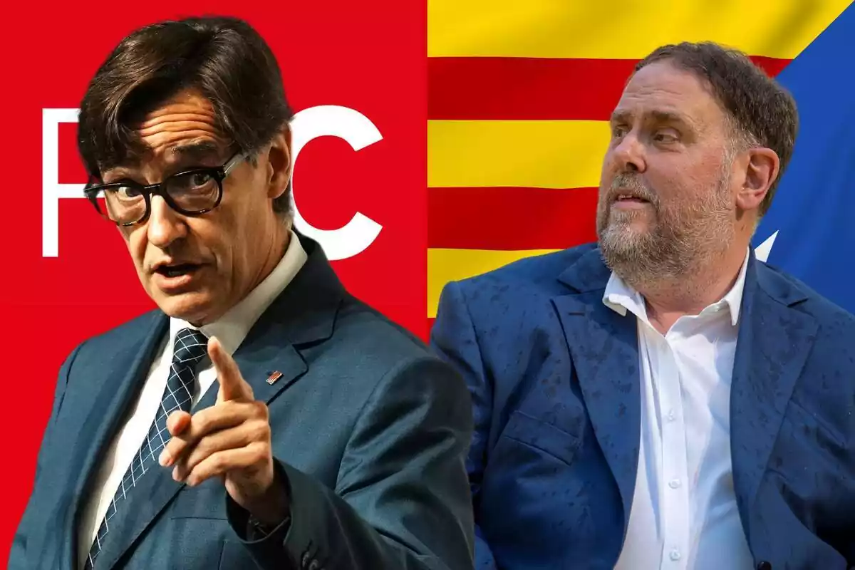 Montaje con Salvador Illa con el logotipo del PSC de fondo y Oriol Junqueras con la estelada de fondo