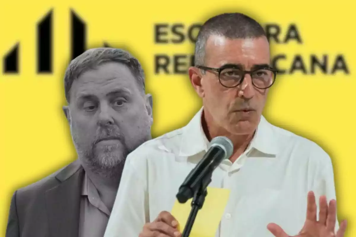 Dos hombres en primer plano, uno en blanco y negro y otro en color, con un fondo amarillo y un logotipo de un partido político.