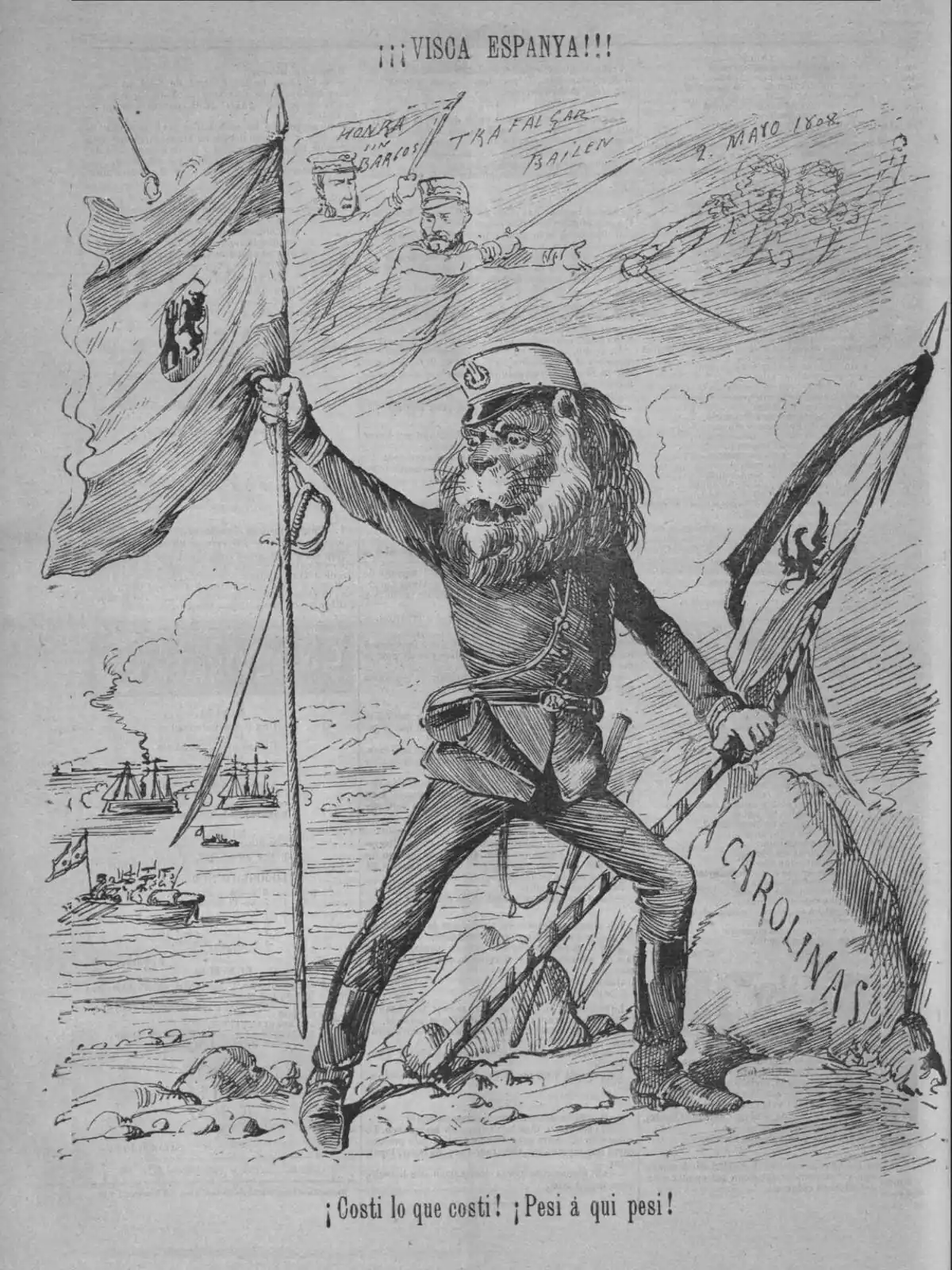 -Ilustración publicada en la revista “La Campana de Gracia” que satiriza sobre posible tratado comercial con Gran Bretaña. Marzo de 1885. -Ilustración publicada en la revista “La Campana de Gracia” que satiriza sobre posible tratado comercial con Gran Bretaña. Marzo de 1885.