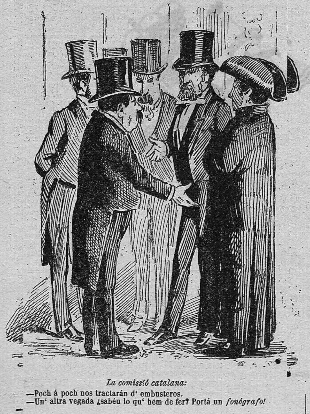 Ilustración publicada en la revista “La Campana de Gracia” que representa a la Comisión que viajó a Madrid para entrevistarse con Alfonso XII. Ilustración publicada en la revista “La Campana de Gracia” que representa a la Comisión que viajó a Madrid para entrevistarse con Alfonso XII.