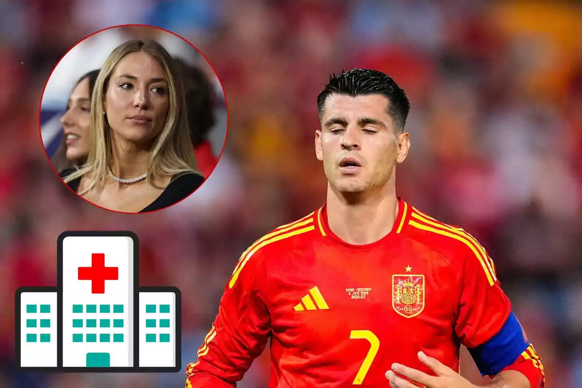 Álvaro Morata con el uniforme de la selección española aparece en el campo con los ojos cerrados; en la esquina superior izquierda hay un recuadro con Alice Campello y en la parte inferior izquierda un icono de hospital.