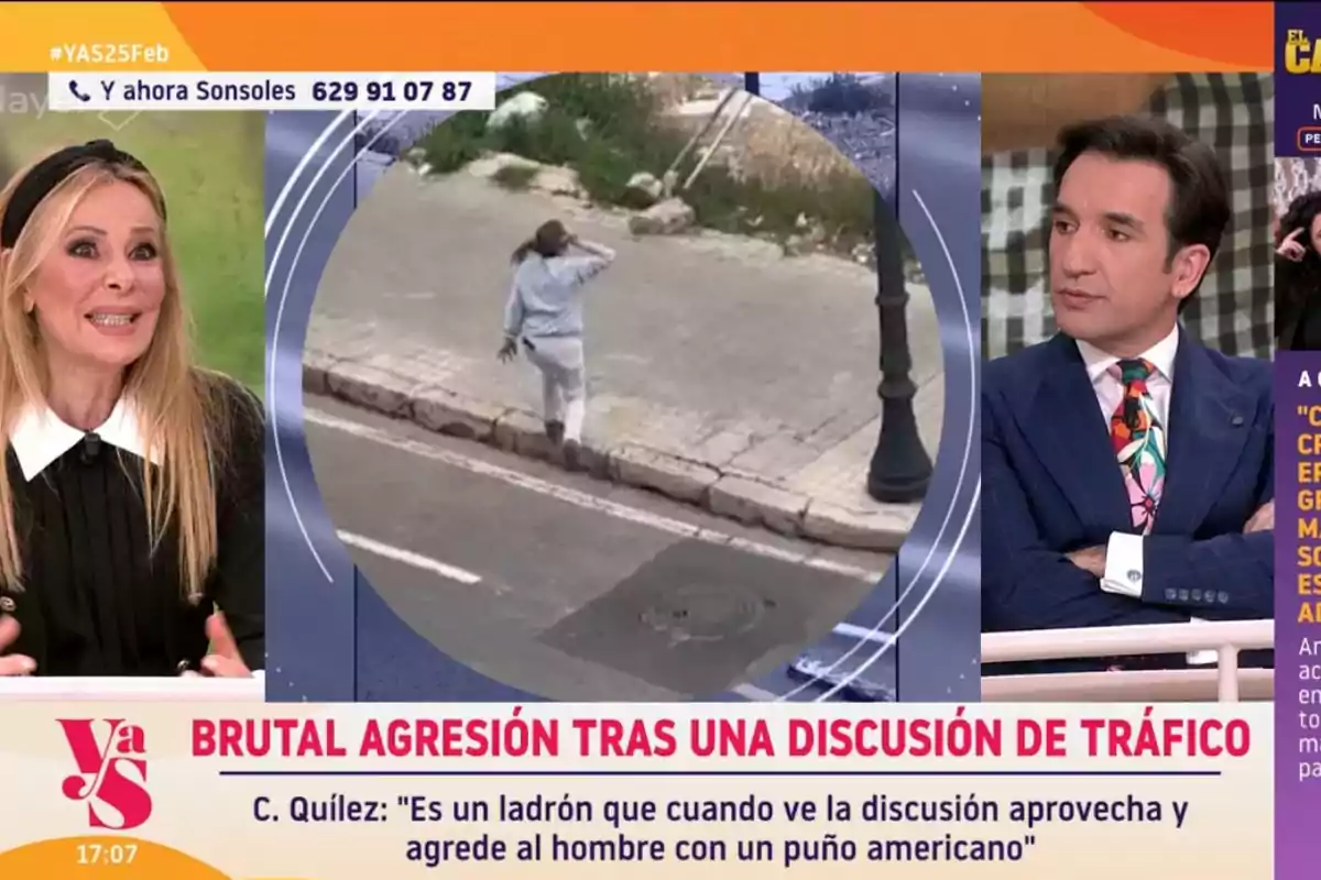 'Y ahora Sonsoles' muestra una discusión sobre una agresión tras un incidente de tráfico, con Ana Obregón y Miguel Lago comentando el tema y una imagen de una persona caminando por la acera. 'Y ahora Sonsoles' muestra una discusión sobre una agresión tras un incidente de tráfico, con Ana Obregón y Miguel Lago comentando el tema y una imagen de una persona caminando por la acera.