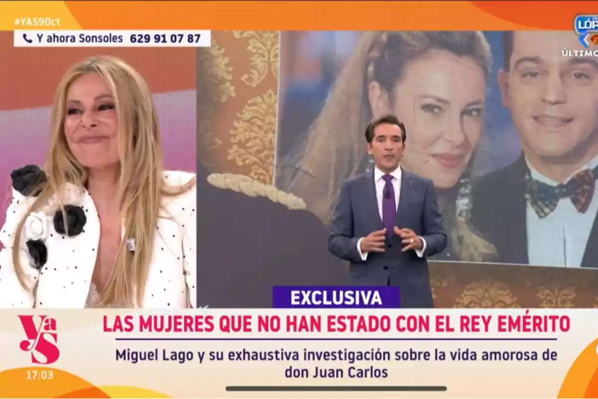 Ana Obregón sonríe mientras Miguel Lago de traje habla frente a una pantalla que muestra una imagen de fondo. En la parte inferior, un texto destaca una exclusiva sobre las mujeres que no han estado con el rey emérito y una investigación sobre su vida amorosa. Ana Obregón sonríe mientras Miguel Lago de traje habla frente a una pantalla que muestra una imagen de fondo. En la parte inferior, un texto destaca una exclusiva sobre las mujeres que no han estado con el rey emérito y una investigación sobre su vida amorosa.