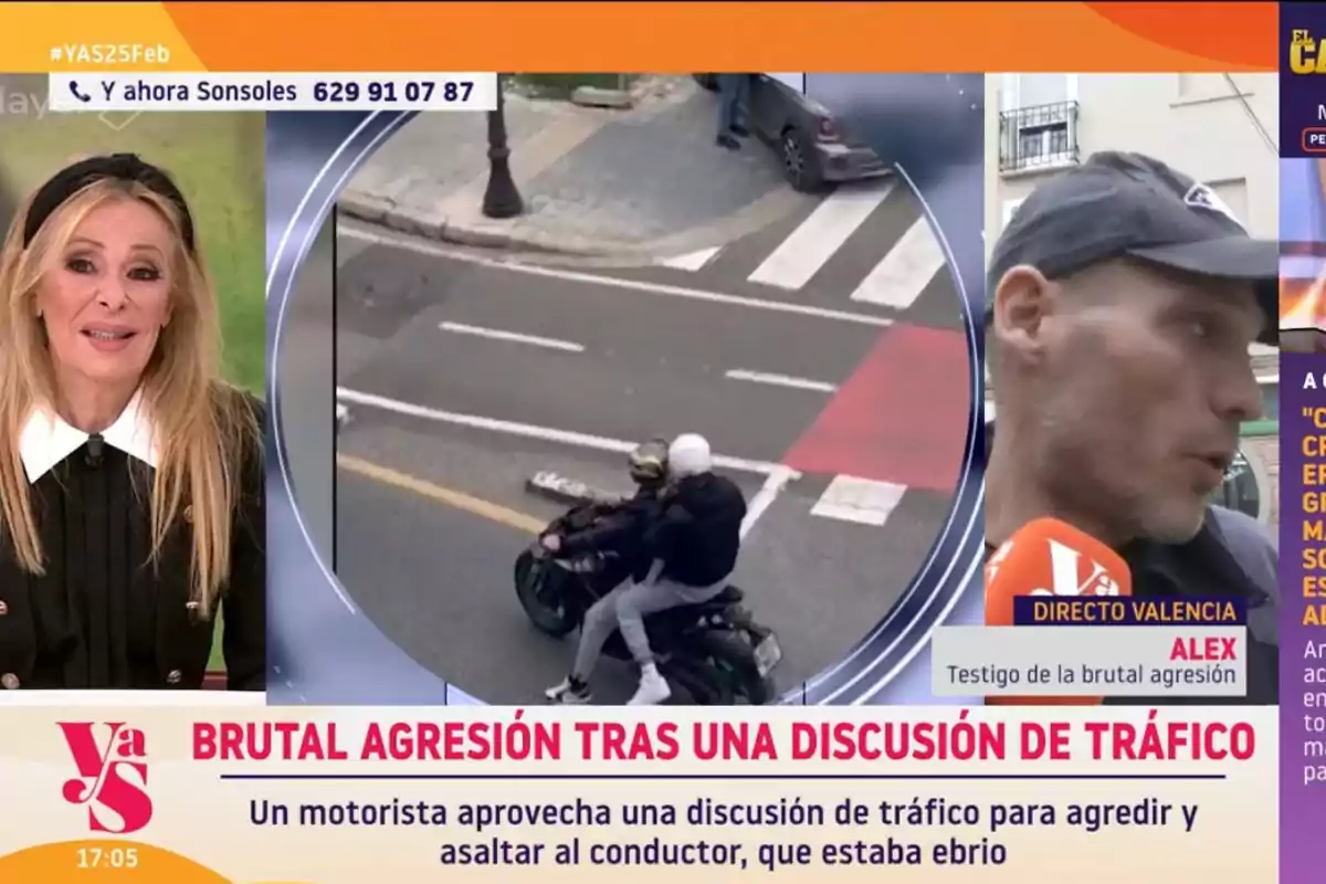 'Y ahora Sonsoles' discute un incidente de agresión tras una discusión de tráfico, mostrando imágenes de un motociclista y entrevistas con testigos. 'Y ahora Sonsoles' discute un incidente de agresión tras una discusión de tráfico, mostrando imágenes de un motociclista y entrevistas con testigos.