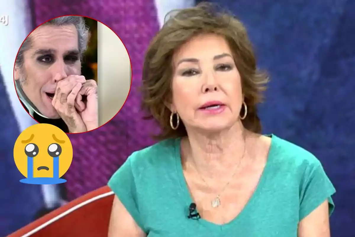 Ana Rosa Quintana con expresión seria en un programa de televisión y un círculo con la imagen de Mario Vaquerizo maquillado con expresión preocupada junto a un emoji llorando.