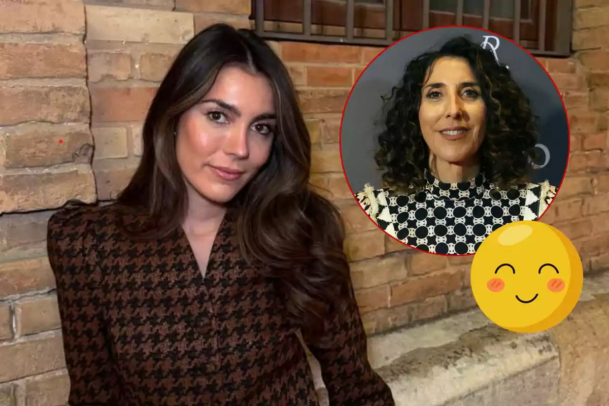 Anna Ferrer con cabello largo y oscuro posa frente a una pared de ladrillos, con un recuadro que muestra a Paz Padilla de cabello rizado y un emoji sonriente.