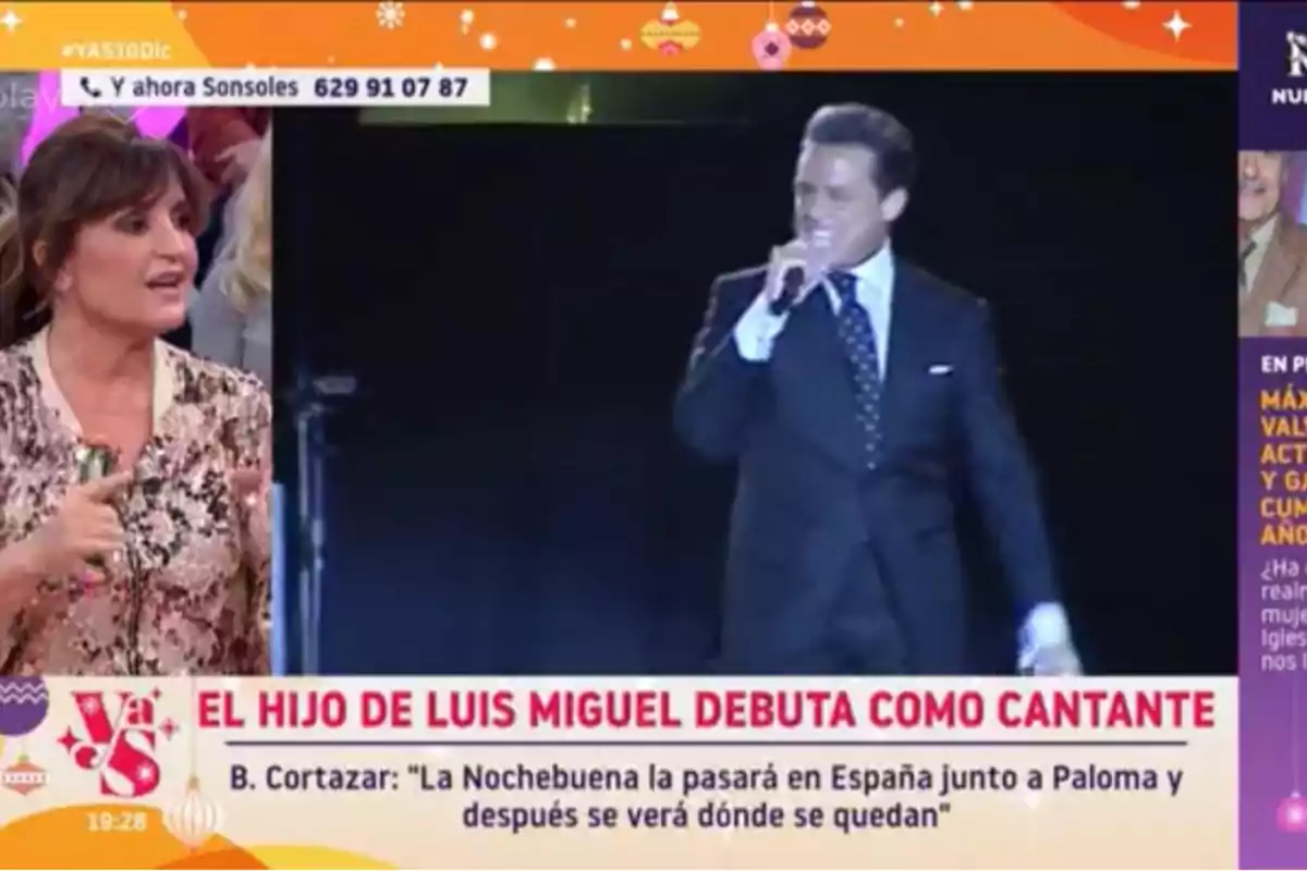 Beatriz Cortázar habla mientras en la pantalla se muestra a Luis Miguel actuando en un escenario. En la parte inferior, un texto menciona el debut del hijo de Luis Miguel como cantante. Beatriz Cortázar habla mientras en la pantalla se muestra a Luis Miguel actuando en un escenario. En la parte inferior, un texto menciona el debut del hijo de Luis Miguel como cantante.