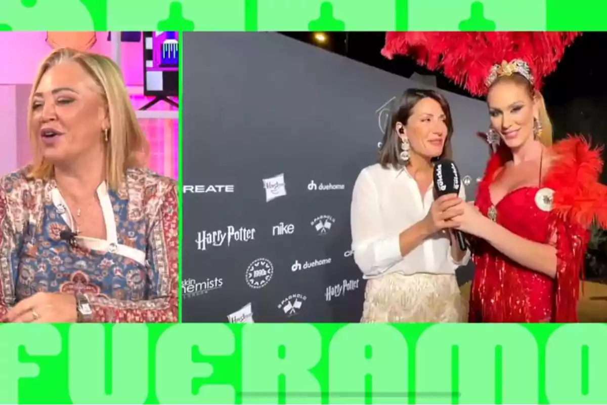 Belén Esteban sonríe en un estudio de televisión mientras en otra escena dos mujeres, una con un vestido rojo y plumas, son entrevistadas en un evento con un fondo de logotipos de marcas. Belén Esteban sonríe en un estudio de televisión mientras en otra escena dos mujeres, una con un vestido rojo y plumas, son entrevistadas en un evento con un fondo de logotipos de marcas.