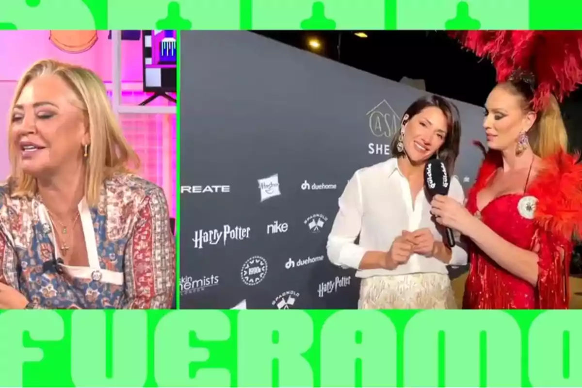 En la imagen se observa a Belén Esteban rubia en un estudio de televisión y a dos mujeres en un evento, una de ellas con un vestido rojo y plumas, mientras Nagore Robles es entrevistada frente a un fondo con logotipos de marcas. En la imagen se observa a Belén Esteban rubia en un estudio de televisión y a dos mujeres en un evento, una de ellas con un vestido rojo y plumas, mientras Nagore Robles es entrevistada frente a un fondo con logotipos de marcas.