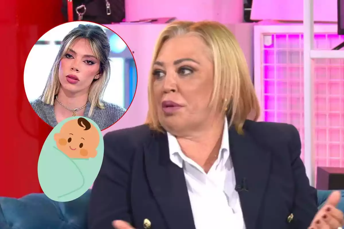 Belén Esteban está sentada en 'Ni que fuéramos', mientras en un círculo se muestra a Alejandra Rubio con cabello rubio y maquillaje llamativo, junto a un dibujo de un bebé envuelto en una manta.