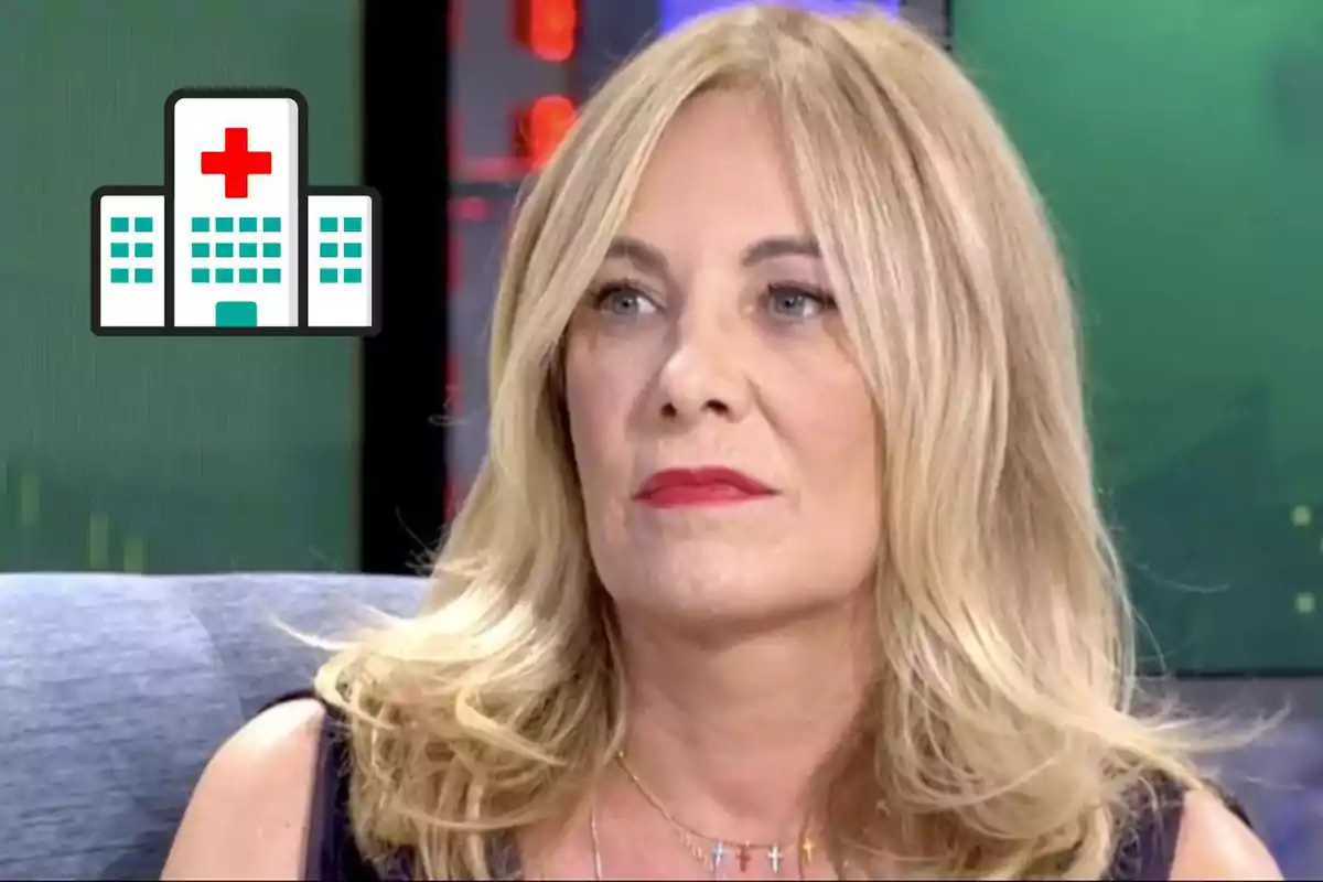 Belén Rodríguez rubia con expresión seria está sentada en un estudio de televisión, con un ícono de hospital en la esquina superior izquierda.