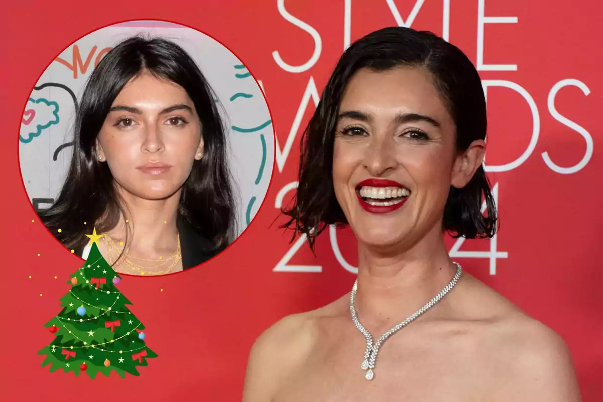 Blanca Romero sonriente con un vestido elegante y un collar de diamantes posa frente a un fondo rojo con texto, mientras que en un círculo superpuesto se muestra a Lucía Rivera con cabello oscuro y expresión seria, junto a un gráfico de árbol de Navidad decorado.