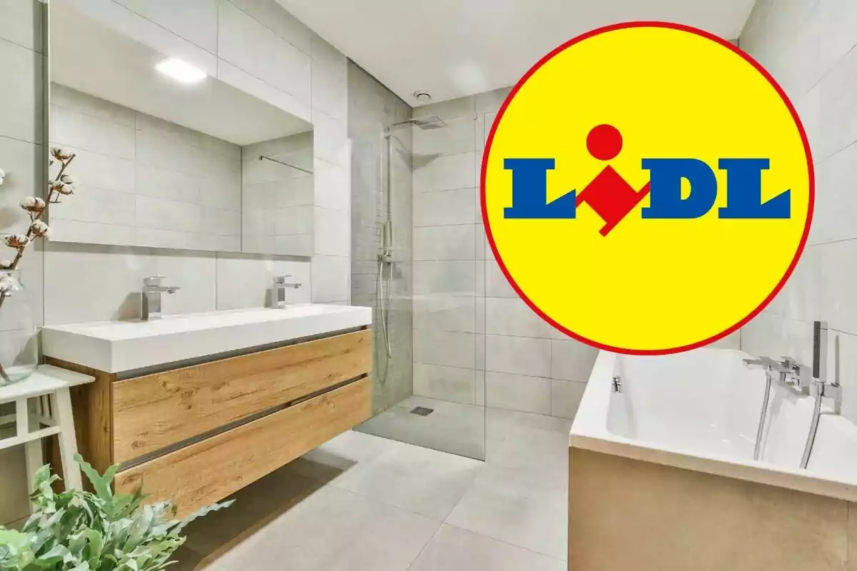 Baño moderno con lavabo doble, ducha y bañera, con el logotipo de Lidl superpuesto.