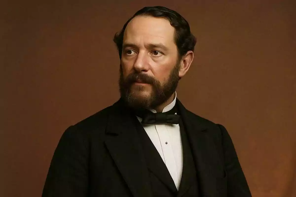 Juan Prim con barba y traje formal mira hacia un lado sobre un fondo marrón. Juan Prim con barba y traje formal mira hacia un lado sobre un fondo marrón.