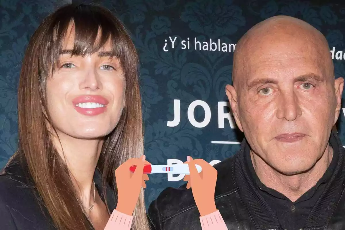 Imagen de Marta López Álamo junto a Kiko Matamoros posando en un photocall y un icono de una prueba de embarazo