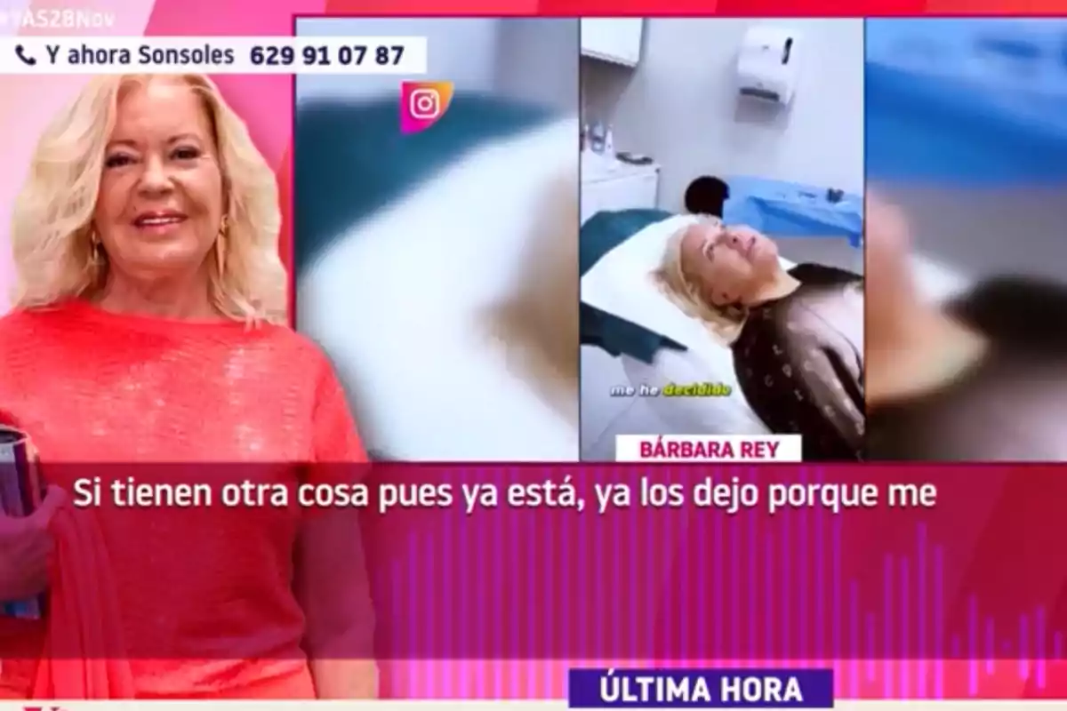 Bárbara Rey rubia aparece en un programa de televisión, vestida con una blusa roja, junto a una imagen de ella en una camilla médica; en la pantalla se muestra un número de teléfono y un texto que dice Bárbara Rey rubia aparece en un programa de televisión, vestida con una blusa roja, junto a una imagen de ella en una camilla médica; en la pantalla se muestra un número de teléfono y un texto que dice