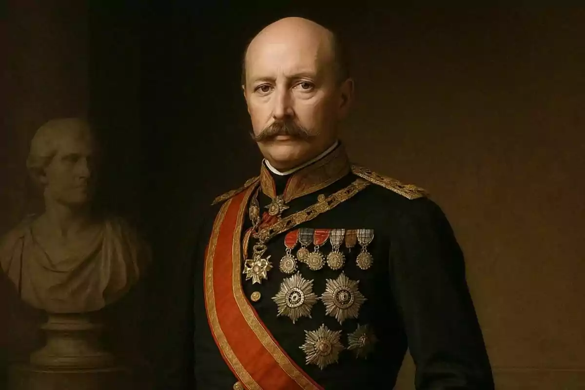 Francisco Serrano y Domínguez con uniforme militar adornado con medallas y una banda roja, de pie junto a un busto de mármol. Francisco Serrano y Domínguez con uniforme militar adornado con medallas y una banda roja, de pie junto a un busto de mármol.