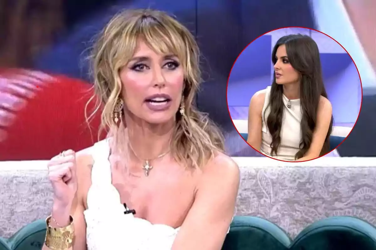 Emma García con vestido blanco y cabello rubio habla en un programa de televisión mientras Alexia Rivas con cabello oscuro aparece en un recuadro circular en la esquina superior derecha.