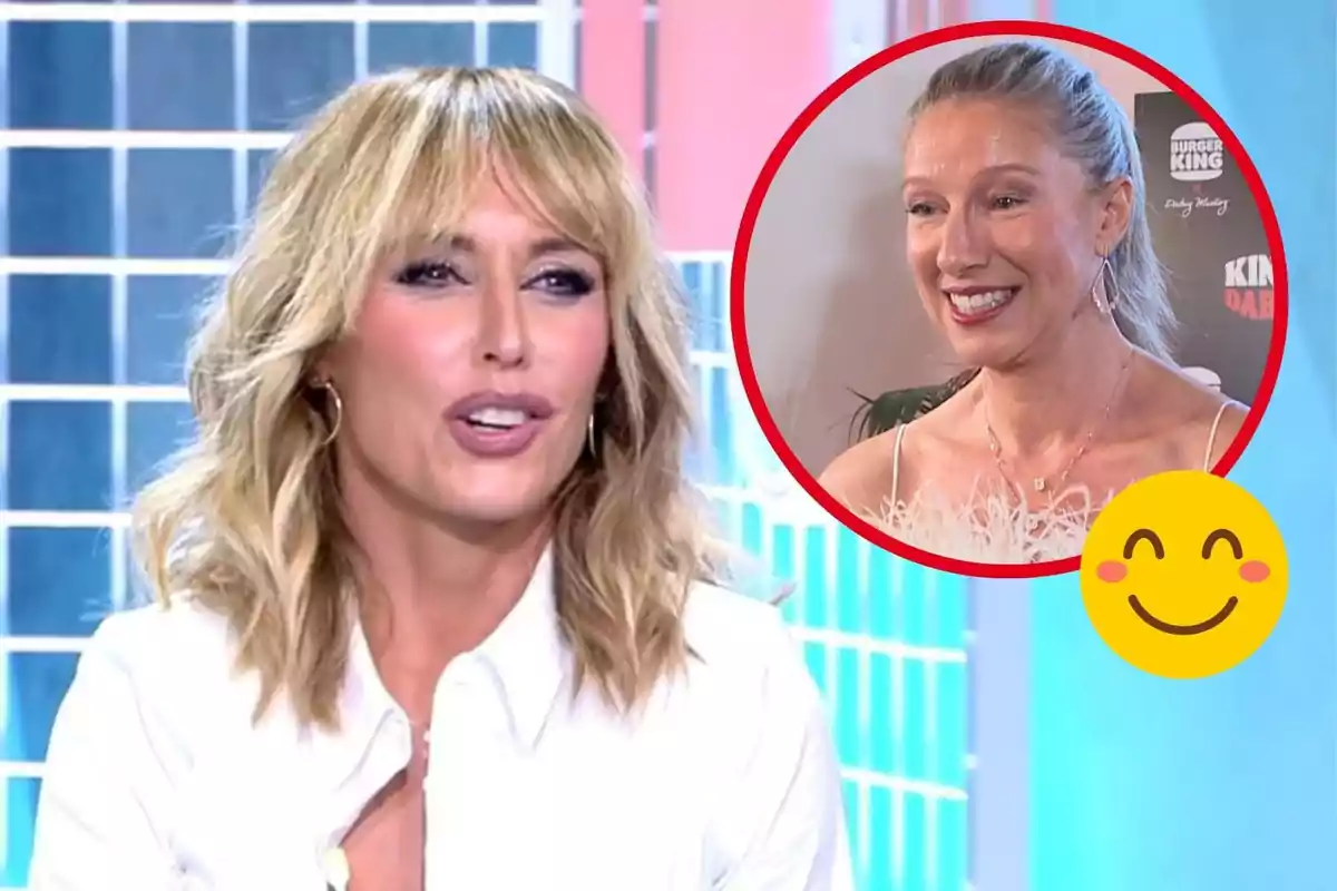 Emma García con cabello suelto y blusa blanca aparece en un estudio de televisión, mientras que en un círculo rojo se muestra a Anne Igartiburu sonriendo en un evento, acompañada de un emoji sonriente.