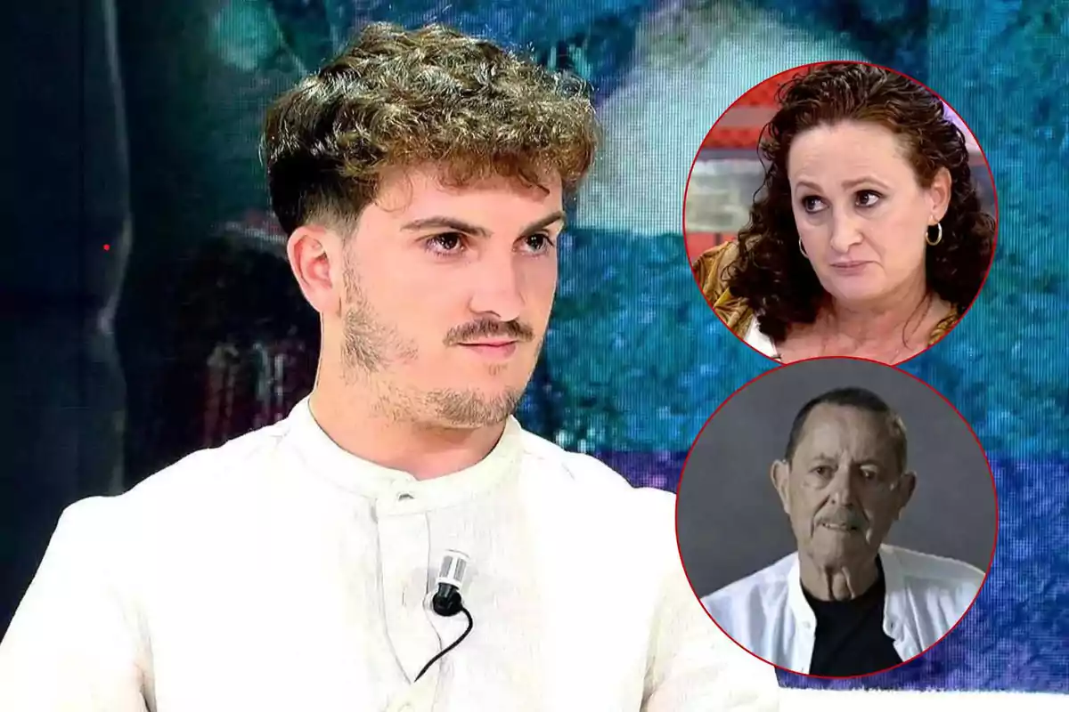 Fran Redondo con cabello rizado y barba ligera está en un estudio de televisión con un micrófono en la camisa en la esquina superior derecha hay un círculo con Dulce de cabello rizado y expresión seria y debajo otro círculo con Julián Muñoz con bigote y expresión neutral.