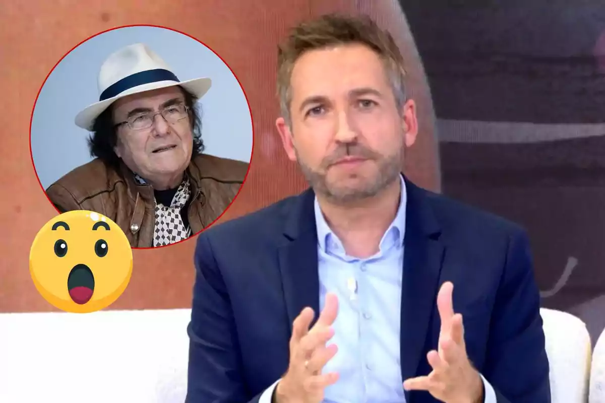 Frank Blanco en traje habla mientras una imagen de Al Bano Carrisi con sombrero aparece en un círculo rojo junto a un emoji sorprendido.