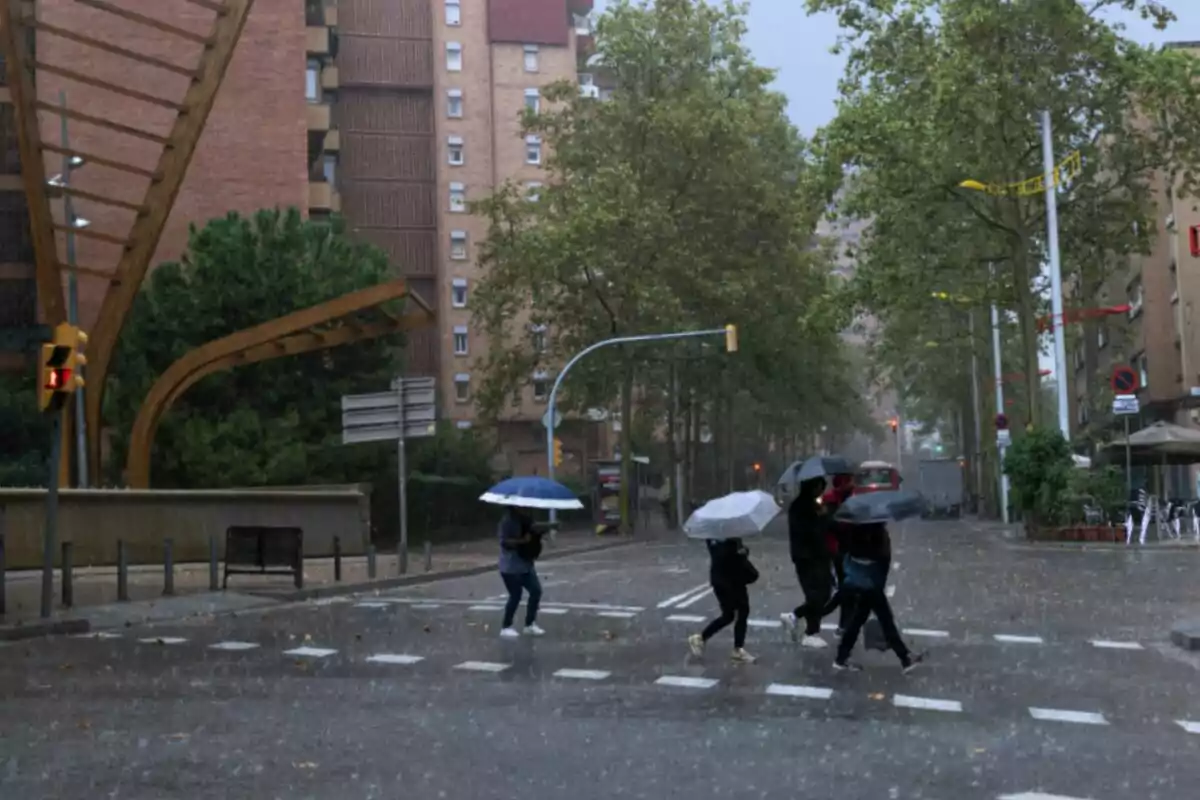 Personas cruzan una calle bajo la lluvia intensa usando paraguas en un entorno urbano con edificios y árboles alrededor. Personas cruzan una calle bajo la lluvia intensa usando paraguas en un entorno urbano con edificios y árboles alrededor.