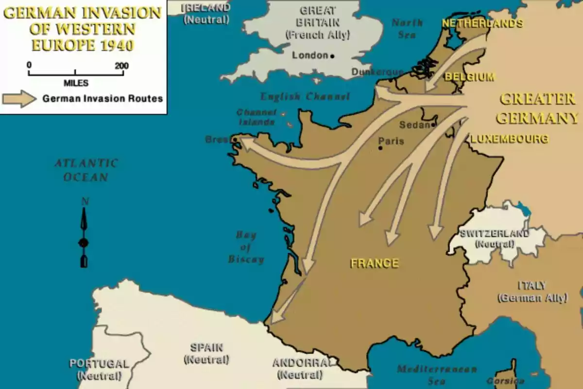 Mapa que muestra las rutas de invasión alemana en Europa occidental en 1940 con flechas que indican el avance hacia Francia a través de Bélgica, Luxemburgo y los Países Bajos Mapa que muestra las rutas de invasión alemana en Europa occidental en 1940 con flechas que indican el avance hacia Francia a través de Bélgica, Luxemburgo y los Países Bajos