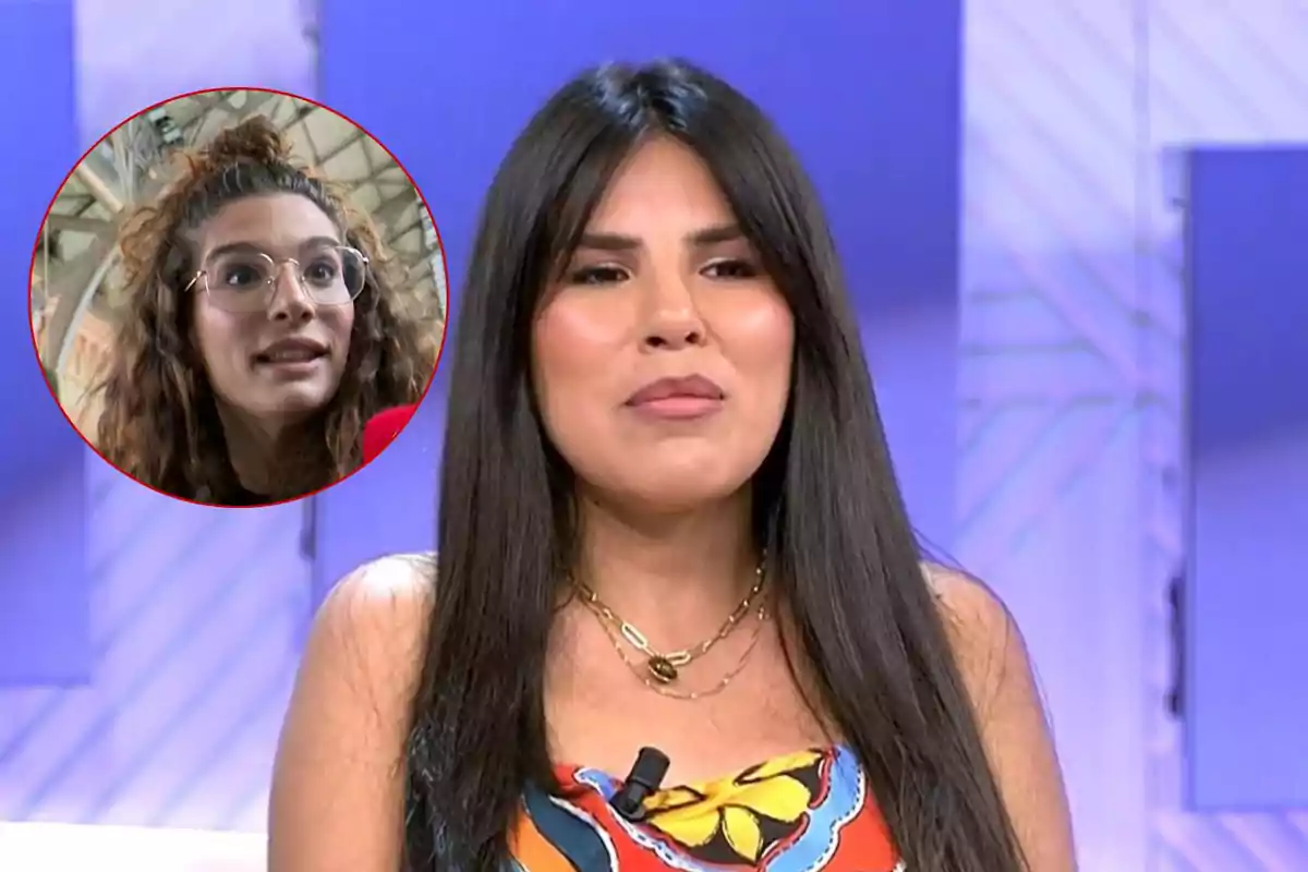 Isa Pantoja de cabello largo y oscuro está en un estudio de televisión, mientras que en un recuadro se muestra a Alma Bollo con gafas y cabello rizado.