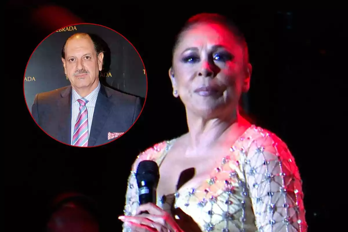 Isabel Pantoja con un vestido brillante sostiene un micrófono mientras canta en un escenario, con Diego Gómez en un recuadro circular en la esquina superior izquierda.