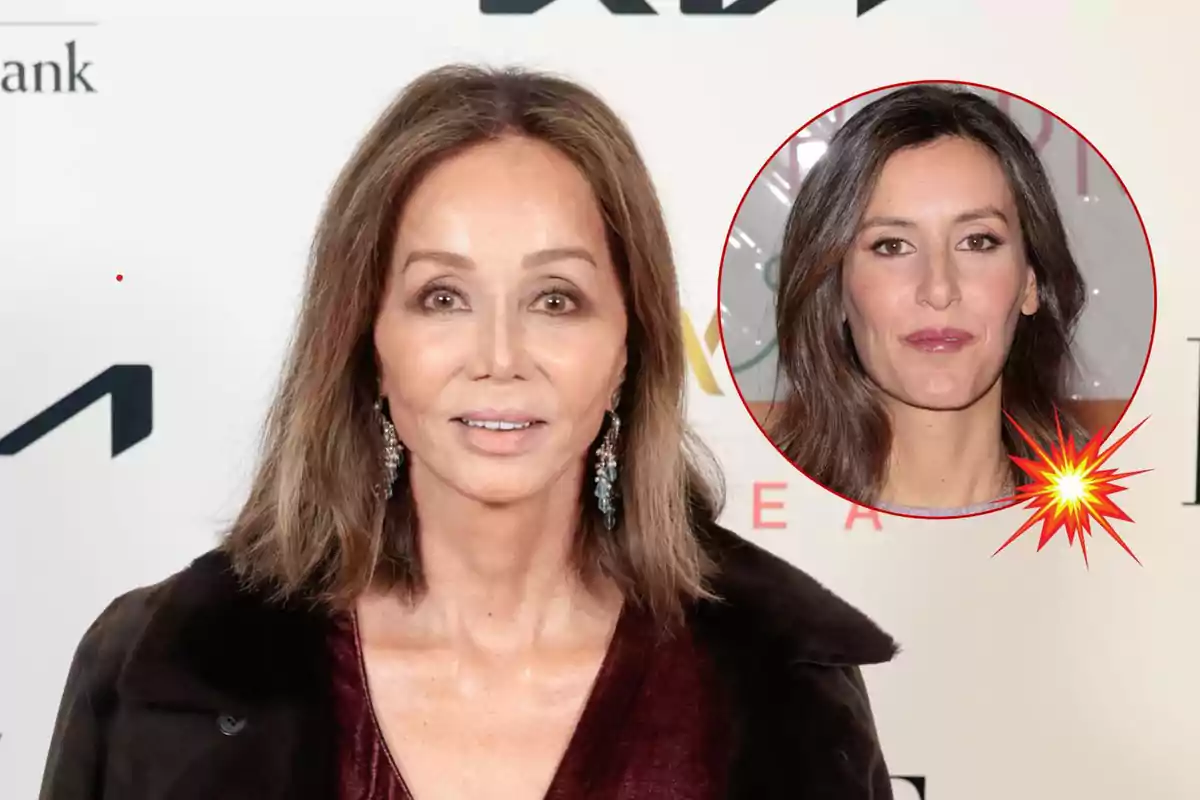 Isabel Preysler con cabello castaño y aretes posando en un evento con un recuadro que muestra a Ana Boyer en la esquina superior derecha.