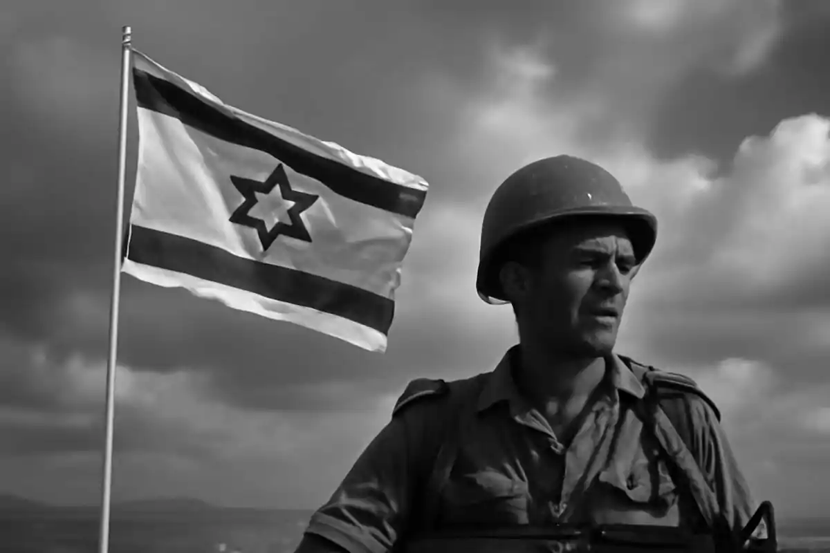 Soldado con casco frente a una bandera de Israel ondeando bajo un cielo nublado. Soldado con casco frente a una bandera de Israel ondeando bajo un cielo nublado.