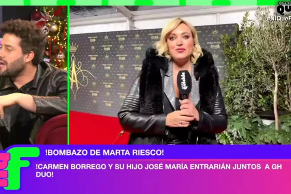 Marta Riesco con un micrófono está en un evento con fondo decorado y Javi de Hoyos de cabello rizado está sentado a su izquierda, ambos en un programa de televisión con gráficos coloridos. Marta Riesco con un micrófono está en un evento con fondo decorado y Javi de Hoyos de cabello rizado está sentado a su izquierda, ambos en un programa de televisión con gráficos coloridos.
