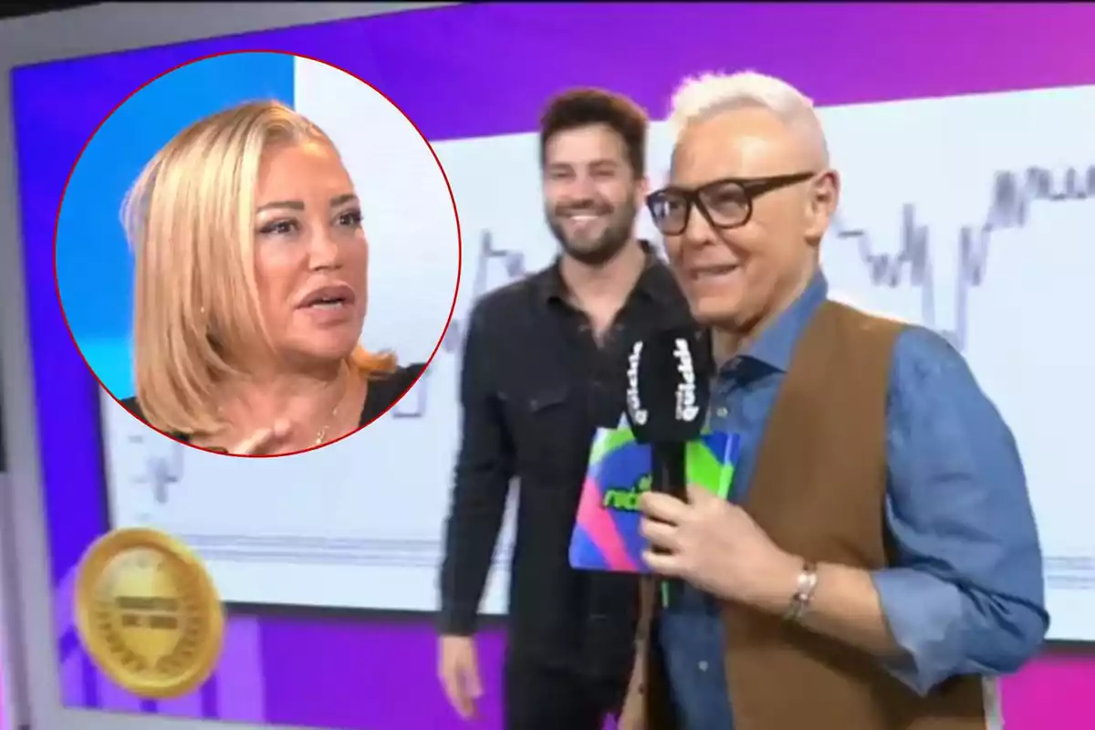 Jordi González en un set de televisión con gráficos en el fondo y un micrófono en primer plano, con una imagen de Belén Esteban en un circulo.