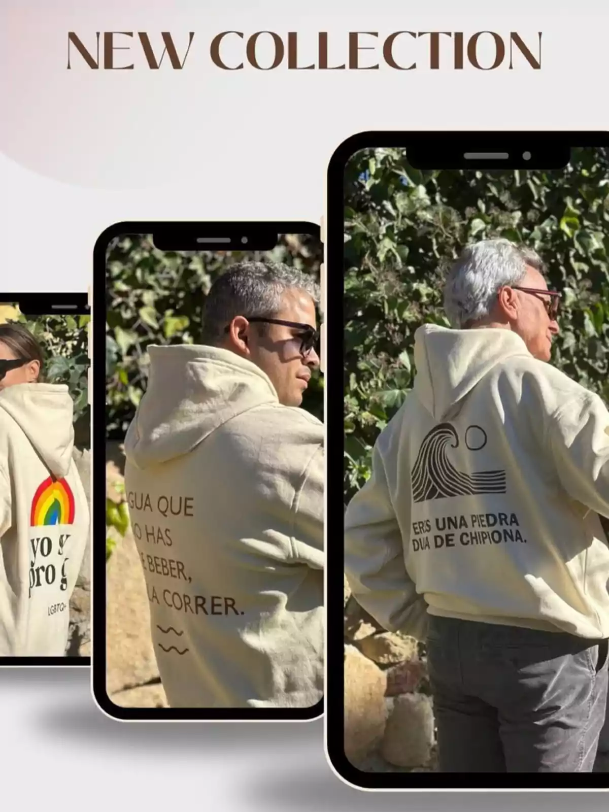 Tres imágenes de José Ortega Cano, Gloria Camila y José Fernando usando sudaderas con mensajes y gráficos, presentadas dentro de marcos de teléfonos móviles, con el texto Tres imágenes de José Ortega Cano, Gloria Camila y José Fernando usando sudaderas con mensajes y gráficos, presentadas dentro de marcos de teléfonos móviles, con el texto