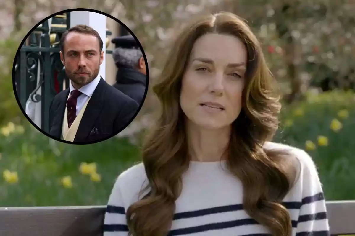 Kate Middleton con cabello largo y ondulado está sentada en un banco al aire libre, mientras que en un recuadro circular se muestra a James Middleton con barba y traje formal.