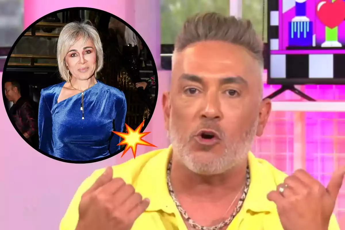 Kiko Hernández con camisa amarilla y cadena plateada está hablando en un programa de televisión, mientras que en un círculo superpuesto se muestra a Ana María Aldón con vestido azul.