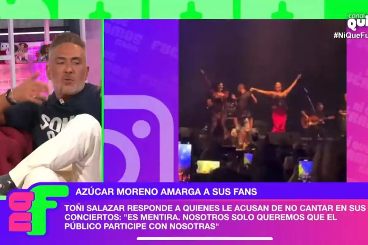 Kiko Hernández sentado en un set de televisión junto a una imagen de un concierto con un grupo de personas en el escenario y un texto que dice Kiko Hernández sentado en un set de televisión junto a una imagen de un concierto con un grupo de personas en el escenario y un texto que dice