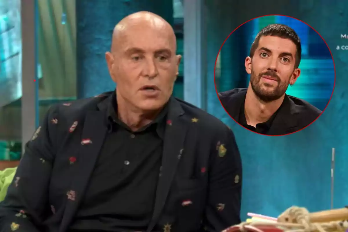 Kiko Matamoros con chaqueta oscura decorada está sentado en un set de televisión, en la esquina superior derecha hay un círculo con la imagen de David Broncano con barba y cabello corto.