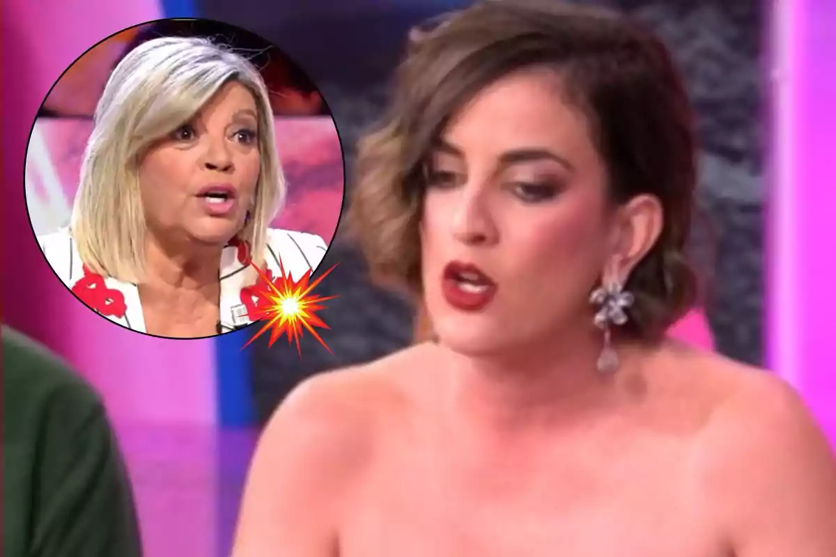 Leticia Requejo con pendientes grandes está hablando en un programa de televisión, mientras que en un recuadro aparece Terelu Campos rubia con expresión sorprendida.