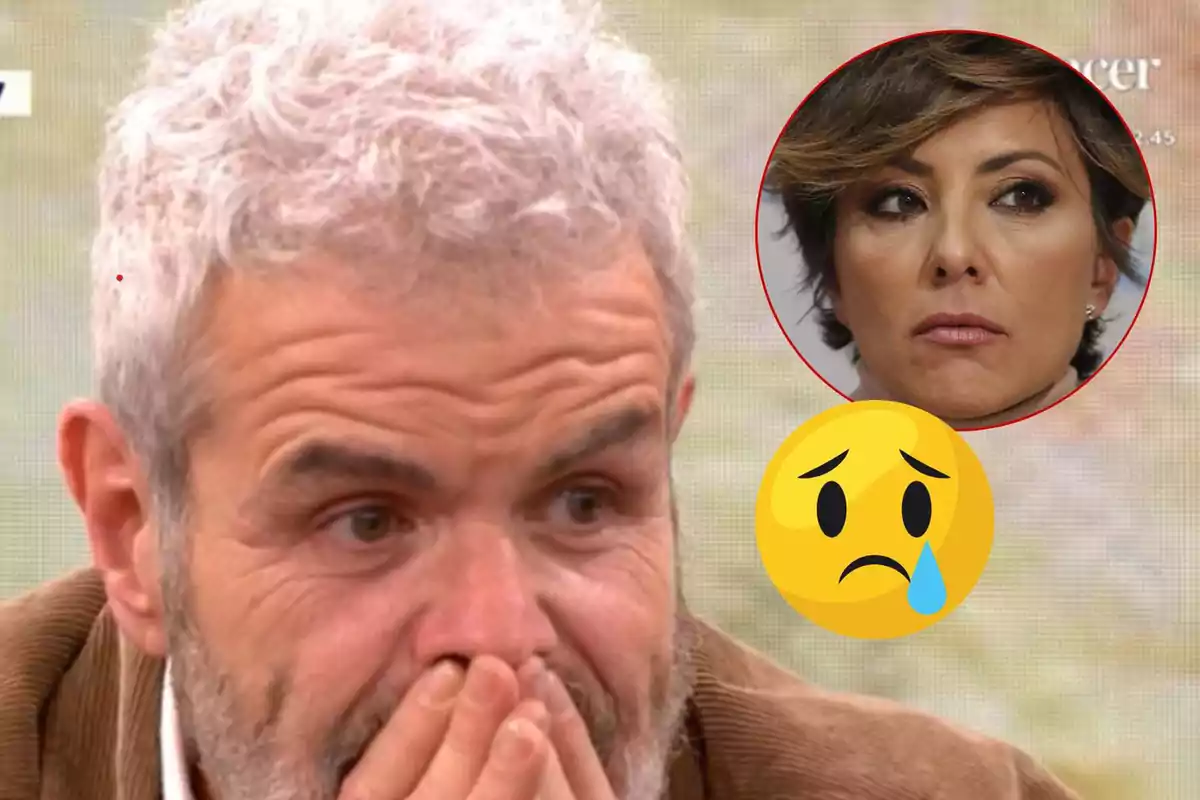 Lorenzo Caprile con expresión preocupada y un emoji triste junto a un recuadro con el rostro de Sonsoles Ónega seria.