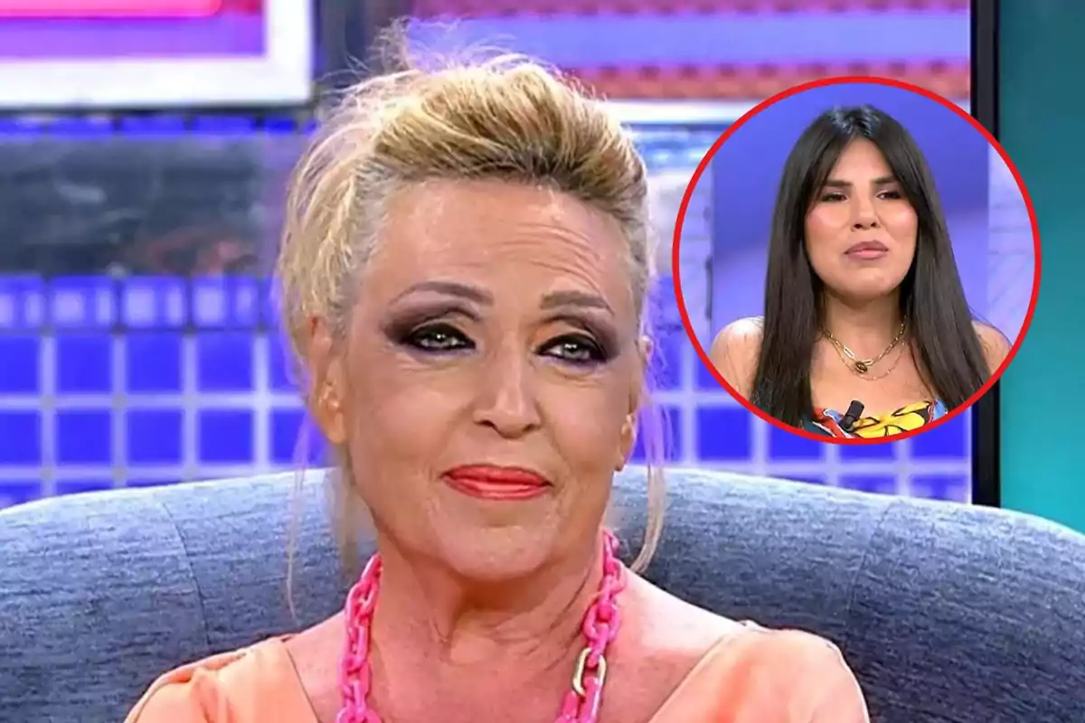 Lydia Lozano en un programa de televisión, una en primer plano con maquillaje llamativo y collar rosa, y Isa Pantoja en un recuadro circular en la esquina superior derecha.