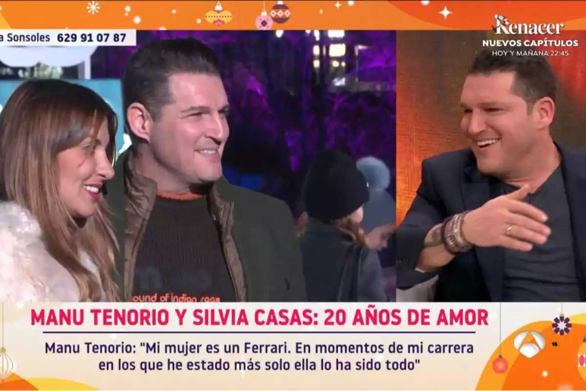 Manu Tenorio y Silvia Casas sonrientes junto a Manu Tenorio en un programa de televisión con un gráfico que celebra 20 años de amor. Manu Tenorio y Silvia Casas sonrientes junto a Manu Tenorio en un programa de televisión con un gráfico que celebra 20 años de amor.