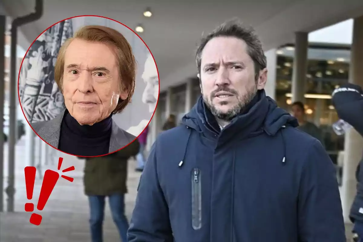 Manuel Martos con chaqueta oscura está en un lugar público mientras que en un círculo rojo aparece el retrato de Raphael con chaqueta gris y suéter negro.