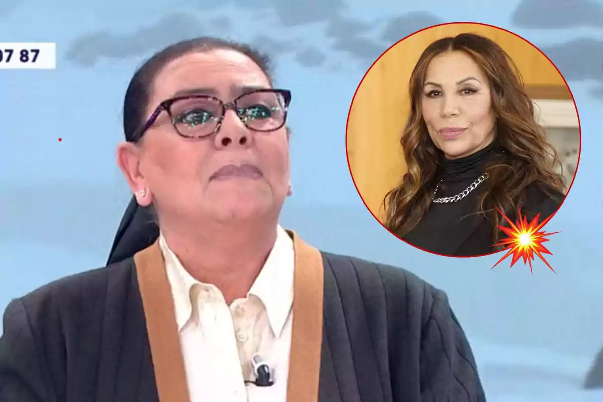 María del Monte con gafas aparece en un programa de televisión, mientras que en un círculo rojo se muestra a Toñi Salazar con cabello largo y suelto.