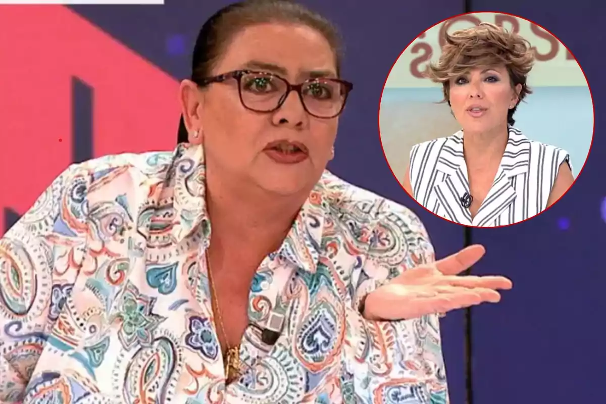 María del Monte con gafas y camisa estampada gesticula mientras habla en un programa de televisión con un recuadro que muestra a Sonsoles Ónega con cabello corto y vestimenta a rayas.