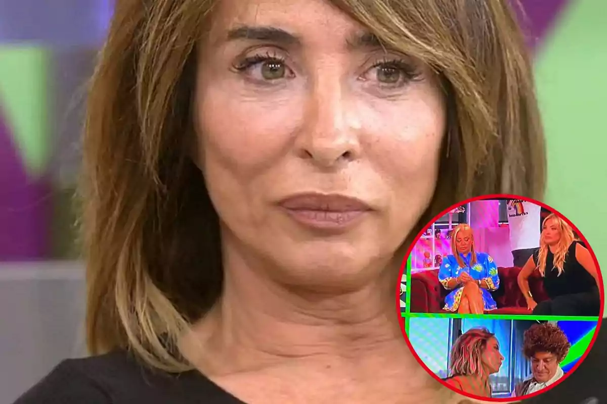 Primer plano de María Patiño con cabello castaño y expresión seria, con un recuadro en la esquina inferior derecha que muestra tres imágenes más pequeñas de personas en un programa de televisión.