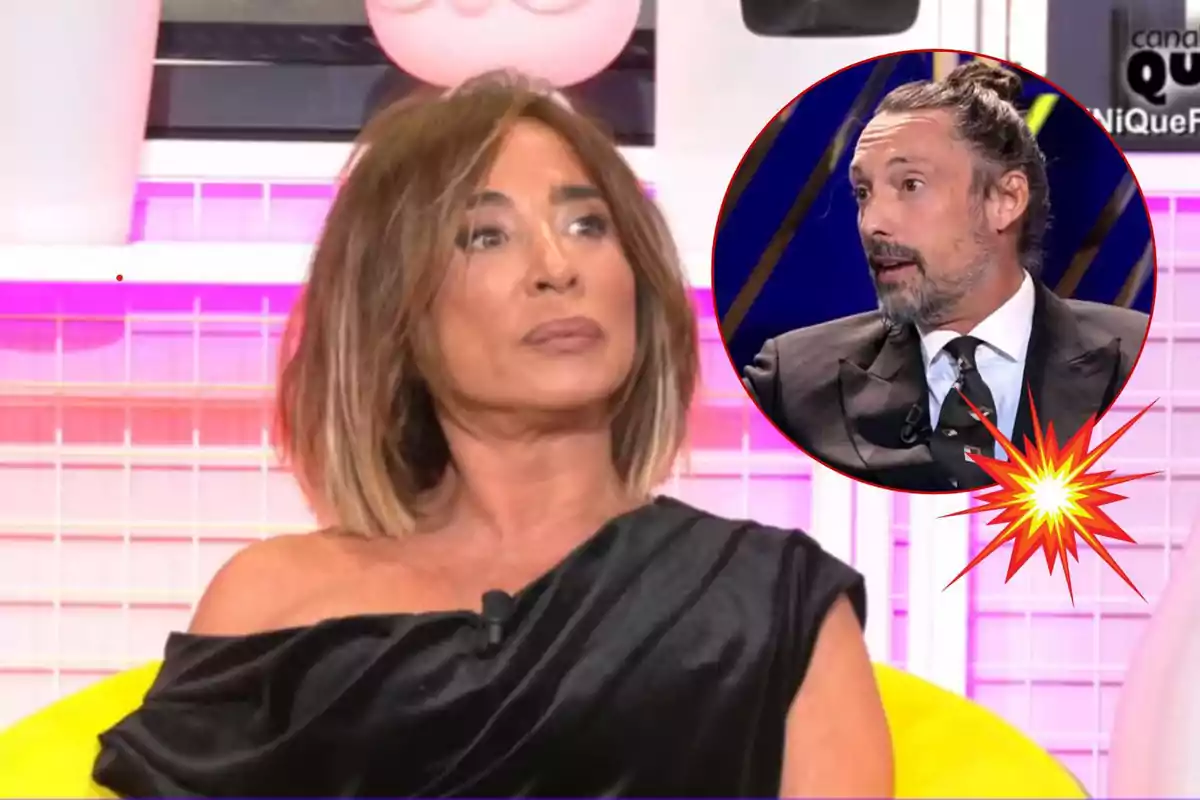 María Patiño con vestido negro en un plató de televisión con José Antonio León en un recuadro circular en la esquina superior derecha.