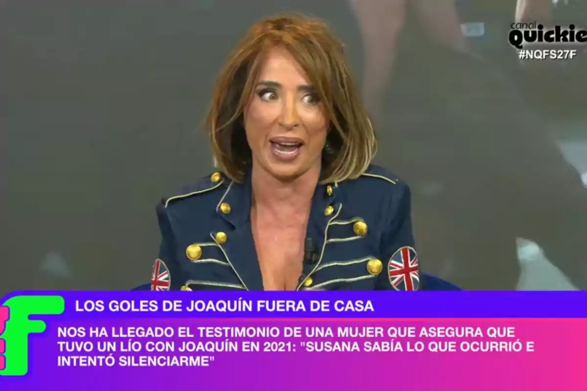 María Patiño con chaqueta azul y detalles dorados habla en 'Ni que fuéramos' con un texto en pantalla que menciona un testimonio sobre un incidente con Joaquín en 2021. María Patiño con chaqueta azul y detalles dorados habla en 'Ni que fuéramos' con un texto en pantalla que menciona un testimonio sobre un incidente con Joaquín en 2021.