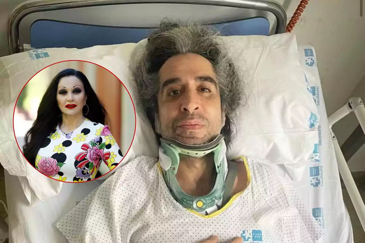 Mario Vaquerizo con collarín está acostado en una cama de hospital y en un recuadro se muestra a Alaska con cabello largo y vestido colorido.