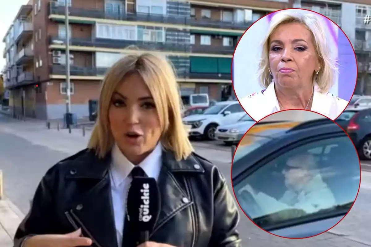 Marta Riesco con chaqueta de cuero sostiene un micrófono en una calle urbana mientras dos imágenes circulares muestran a Carmen Borrego y a José Carlos Bernal conduciendo un coche.